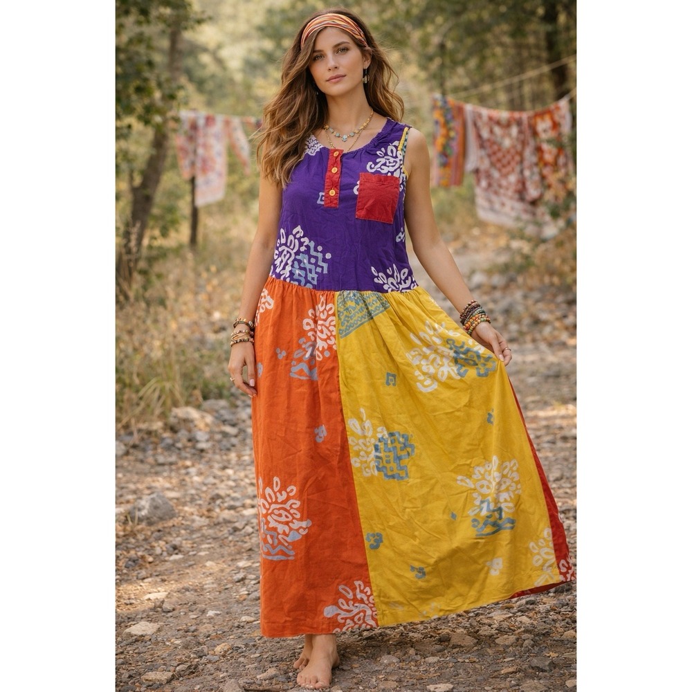 QPS Women's 12 Sleeveless Dress Iguana Colorful Pocket Artsy Button Front Hippie